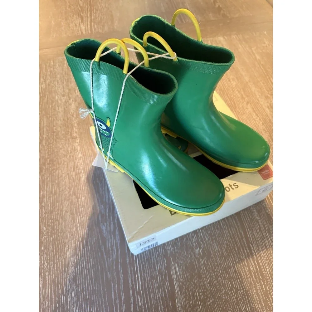 L&D Unisex Kids Green/Yellow Rubber Pull-On Rain Boots Round Toe US 2